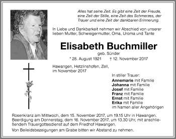 Traueranzeige von Elisabeth Buchmiller von Memminger Zeitung