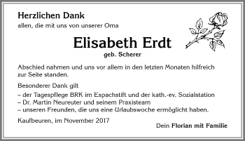Traueranzeige von Elisabeth Erdt von Allgäuer Zeitung, Kaufbeuren/Buchloe
