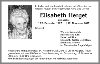 Traueranzeige von Elisabeth Herget von Allgäuer Zeitung,Kempten