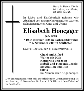 Traueranzeige von Elisabeth Honegger von Allgäuer Anzeigeblatt