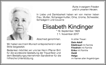 Traueranzeige von Elisabeth Kindinger von Memminger Zeitung