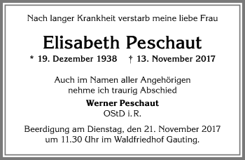 Traueranzeige von Elisabeth Peschaut von Allgäuer Zeitung, Füssen