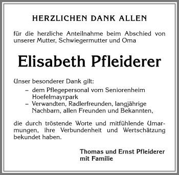 Traueranzeige von Elisabeth Pfleiderer von Allgäuer Zeitung,Kempten