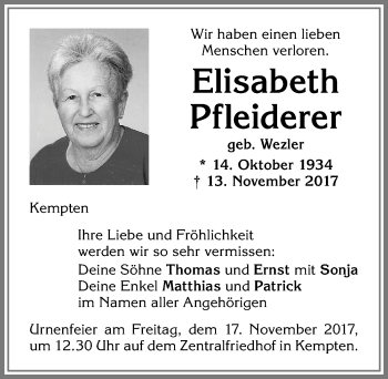 Traueranzeige von Elisabeth Pfleiderer von Allgäuer Zeitung,Kempten