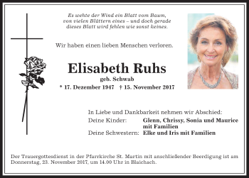 Traueranzeige von Elisabeth Ruhs von Allgäuer Anzeigeblatt