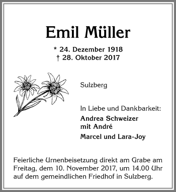 Traueranzeige von Emil Müller von Allgäuer Zeitung,Kempten