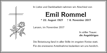 Traueranzeige von Emil Rommel von Allgäuer Zeitung,Kempten