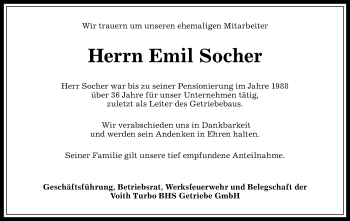 Traueranzeige von Emil Socher von Allgäuer Anzeigeblatt
