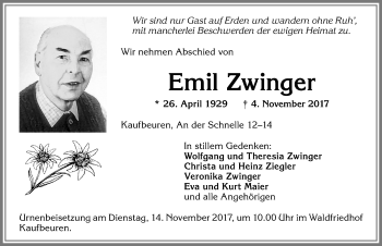 Traueranzeige von Emil Zwinger von Allgäuer Zeitung, Kaufbeuren/Buchloe