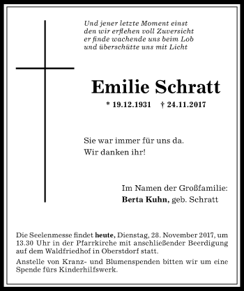 Traueranzeige von Emilie Schratt von Allgäuer Anzeigeblatt