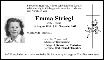 Traueranzeige von Emma Striegl von Allgäuer Anzeigeblatt