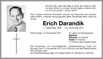 Traueranzeige von Erich Darandik von Memminger Zeitung