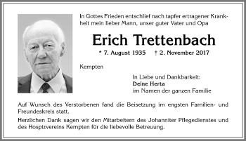 Traueranzeige von Erich Trettenbach von Allgäuer Zeitung,Kempten