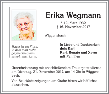 Traueranzeige von Erika Wegmann von Allgäuer Zeitung,Kempten
