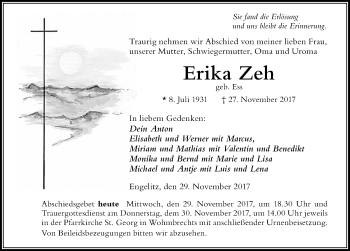 Traueranzeige von Erika Zeh von Der Westallgäuer