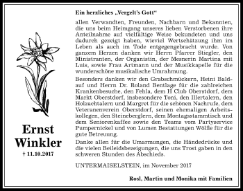 Traueranzeige von Ernst Winkler von Allgäuer Anzeigeblatt