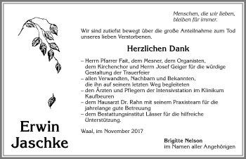 Traueranzeige von Erwin Jaschke von Allgäuer Zeitung, Kaufbeuren/Buchloe