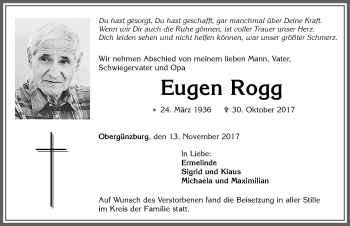 Traueranzeige von Eugen Rogg von Allgäuer Zeitung, Marktoberdorf