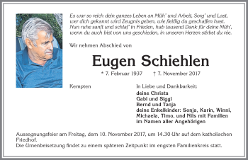 Traueranzeige von Eugen Schiehlen von Allgäuer Zeitung,Kempten