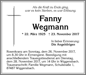 Traueranzeige von Fanny Wegmann von Allgäuer Zeitung,Kempten
