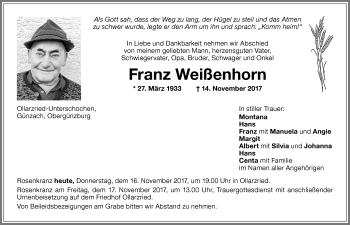 Traueranzeige von Franz Weißenhorn von Memminger Zeitung