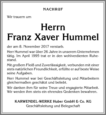 Traueranzeige von Franz Xaver Hummel von Allgäuer Zeitung, Kaufbeuren/Buchloe