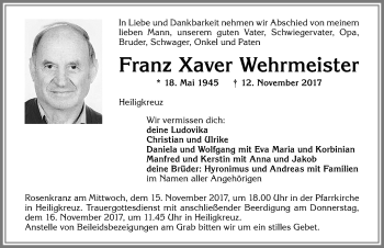 Traueranzeige von Franz Xaver Wehrmeister von Allgäuer Zeitung,Kempten