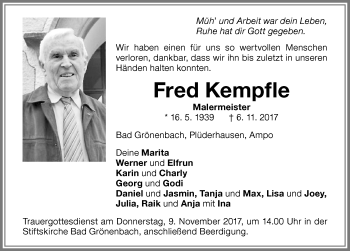 Traueranzeige von Fred Kempfle von Memminger Zeitung