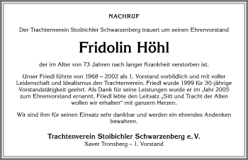 Traueranzeige von Fridolin Höhl von Allgäuer Zeitung,Kempten