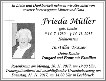 Traueranzeige von Frieda Müller von Allgäuer Zeitung, Füssen