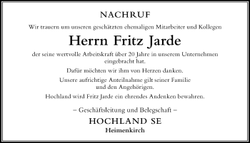 Traueranzeige von Fritz Jarde von Der Westallgäuer