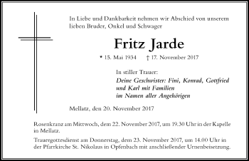 Traueranzeige von Fritz Jarde von Der Westallgäuer