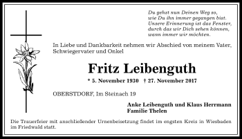 Traueranzeige von Fritz Leibenguth von Allgäuer Anzeigeblatt