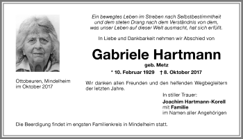 Traueranzeige von Gabriele Hartmann von Allgäuer Zeitung