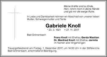 Traueranzeige von Gabriele Knoll von Memminger Zeitung