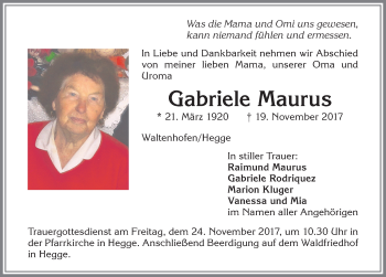 Traueranzeige von Gabriele Maurus von Allgäuer Zeitung,Kempten