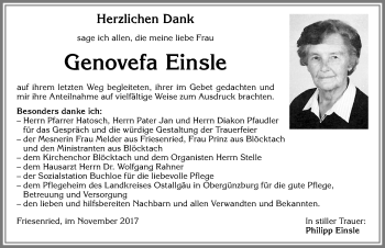 Traueranzeige von Genovefa Einsle von Allgäuer Zeitung, Kaufbeuren/Buchloe