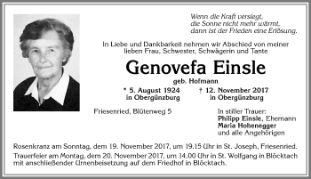 Traueranzeige von Genovefa Einsle von Allgäuer Zeitung, Kaufbeuren/Buchloe