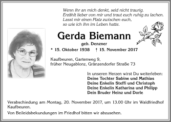 Traueranzeige von Gerda Biemann von Allgäuer Zeitung, Kaufbeuren/Buchloe