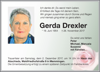 Traueranzeige von Gerda Drexler von Memminger Zeitung