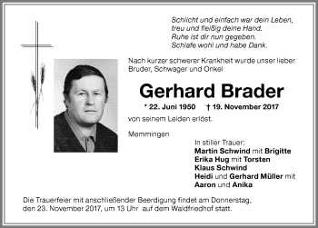 Traueranzeige von Gerhard Brader von Memminger Zeitung