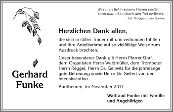 Traueranzeige von Gerhard Funke von Allgäuer Zeitung, Kaufbeuren/Buchloe