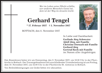 Traueranzeige von Gerhard Tengel von Allgäuer Zeitung