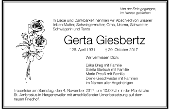 Traueranzeige von Gerta Giesbertz von Der Westallgäuer