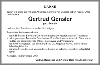 Traueranzeige von Gertrud Gensler von Allgäuer Zeitung,Kempten