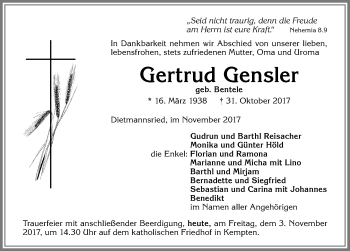 Traueranzeige von Gertrud Gensler von Allgäuer Zeitung,Kempten