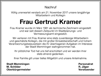 Traueranzeige von Gertrud Kramer von Memminger Zeitung