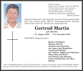 Traueranzeige von Gertrud Martin von Allgäuer Anzeigeblatt