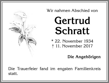 Traueranzeige von Gertrud Schratt von Allgäuer Zeitung,Kempten