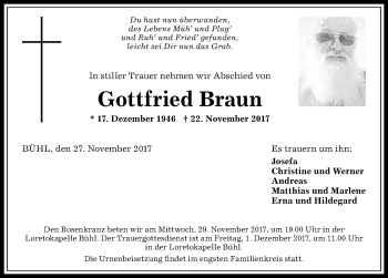 Traueranzeige von Gottfried Braun von Allgäuer Anzeigeblatt